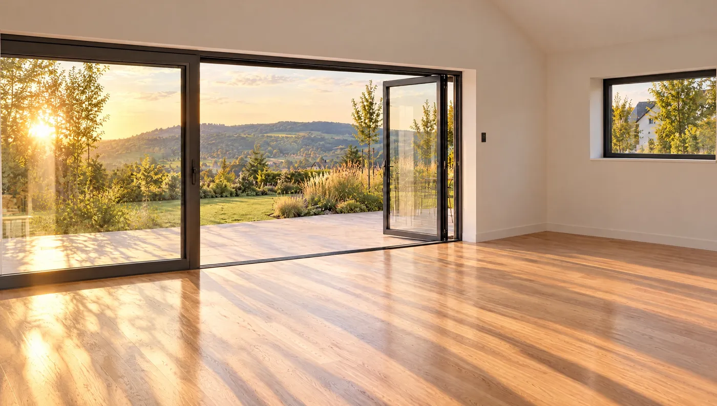 Leerer, sonniger Wohnraum mit großer Glasfront zur Terrasse